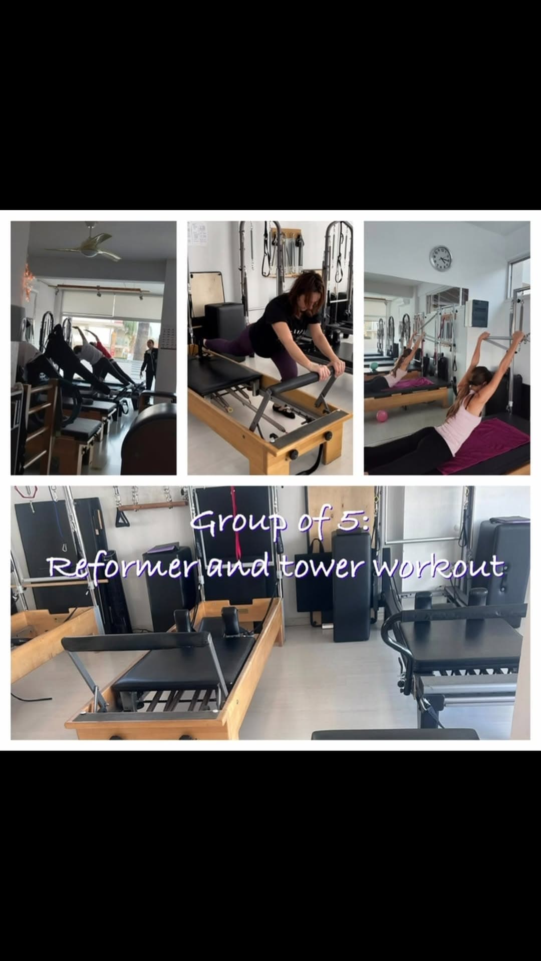 Pilates studio with a group engaged in reformer and tower workout exercises using pilates equipment, showing various workout positions and the studio environment